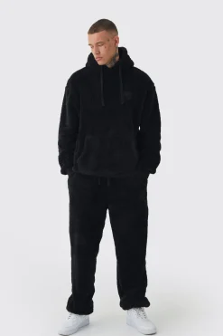 Tall Oversized Borg Embroidered Hooded Tracksuit | BoohooMAN UK