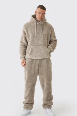 Tall Oversized Borg Embroidered Hooded Tracksuit | BoohooMAN UK