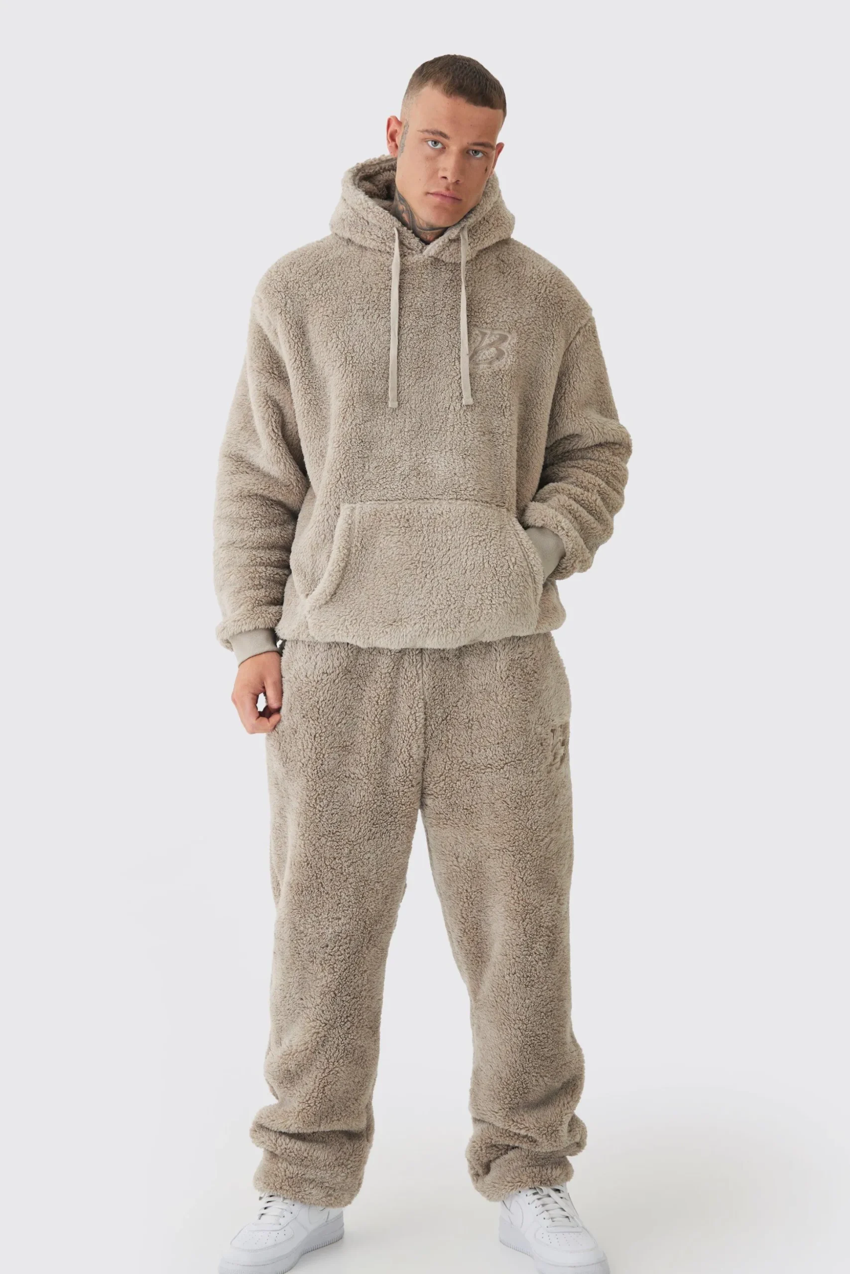 Tall Oversized Borg Embroidered Hooded Tracksuit | BoohooMAN UK