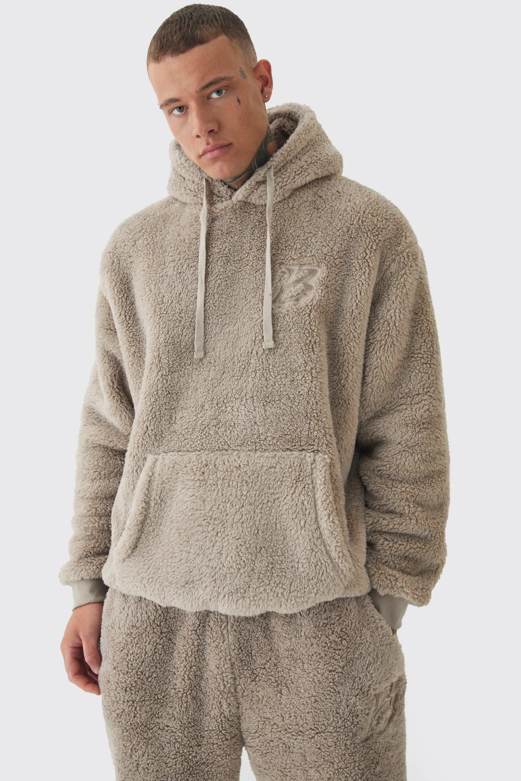Tall Oversized Borg Embroidered Hooded Tracksuit | BoohooMAN UK