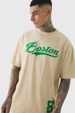 Tall Oversized Boston Varsity Print T-shirt | BoohooMAN UK