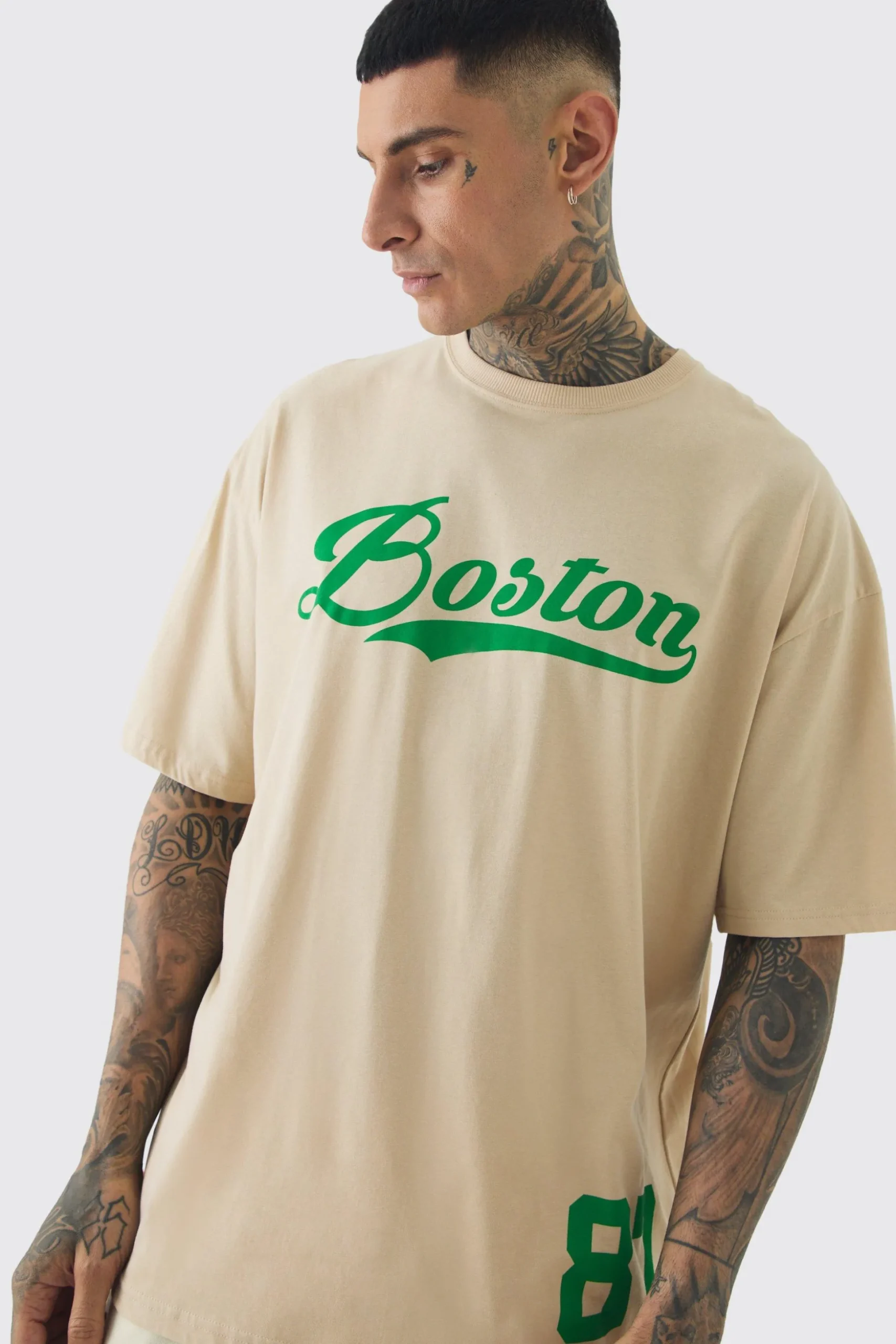 Tall Oversized Boston Varsity Print T-shirt | BoohooMAN UK