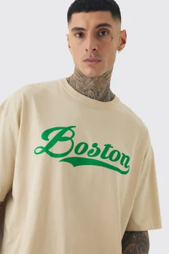 Tall Oversized Boston Varsity Print T-shirt | BoohooMAN UK