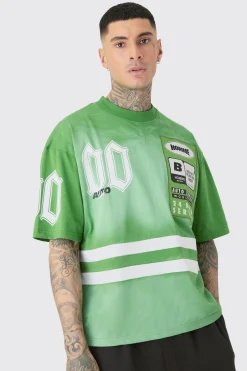 Tall Oversized Boxy Extended Neck Washed Applique Moto T-shirt | BoohooMAN UK