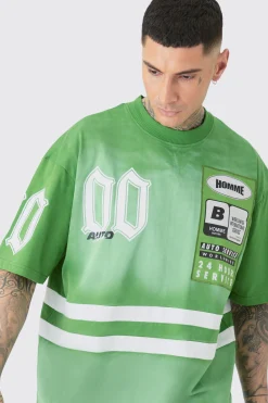 Tall Oversized Boxy Extended Neck Washed Applique Moto T-shirt | BoohooMAN UK