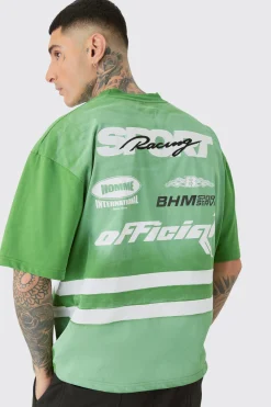 Tall Oversized Boxy Extended Neck Washed Applique Moto T-shirt | BoohooMAN UK