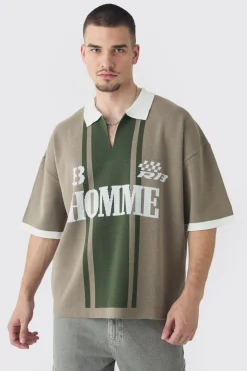 Tall Oversized Boxy Football Knitted Polo Shirt | BoohooMAN UK