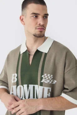 Tall Oversized Boxy Football Knitted Polo Shirt | BoohooMAN UK