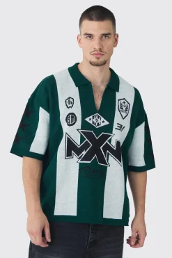 Tall Oversized Boxy Football Knitted Polo Shirt | BoohooMAN UK