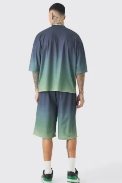 Tall Oversized Boxy Mesh Applique Ombre Printed T-shirt | BoohooMAN UK