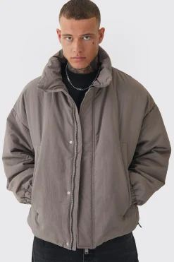 Tall Oversized Boxy Padded Funnel Neck Coat In Charcoal | BoohooMAN UK