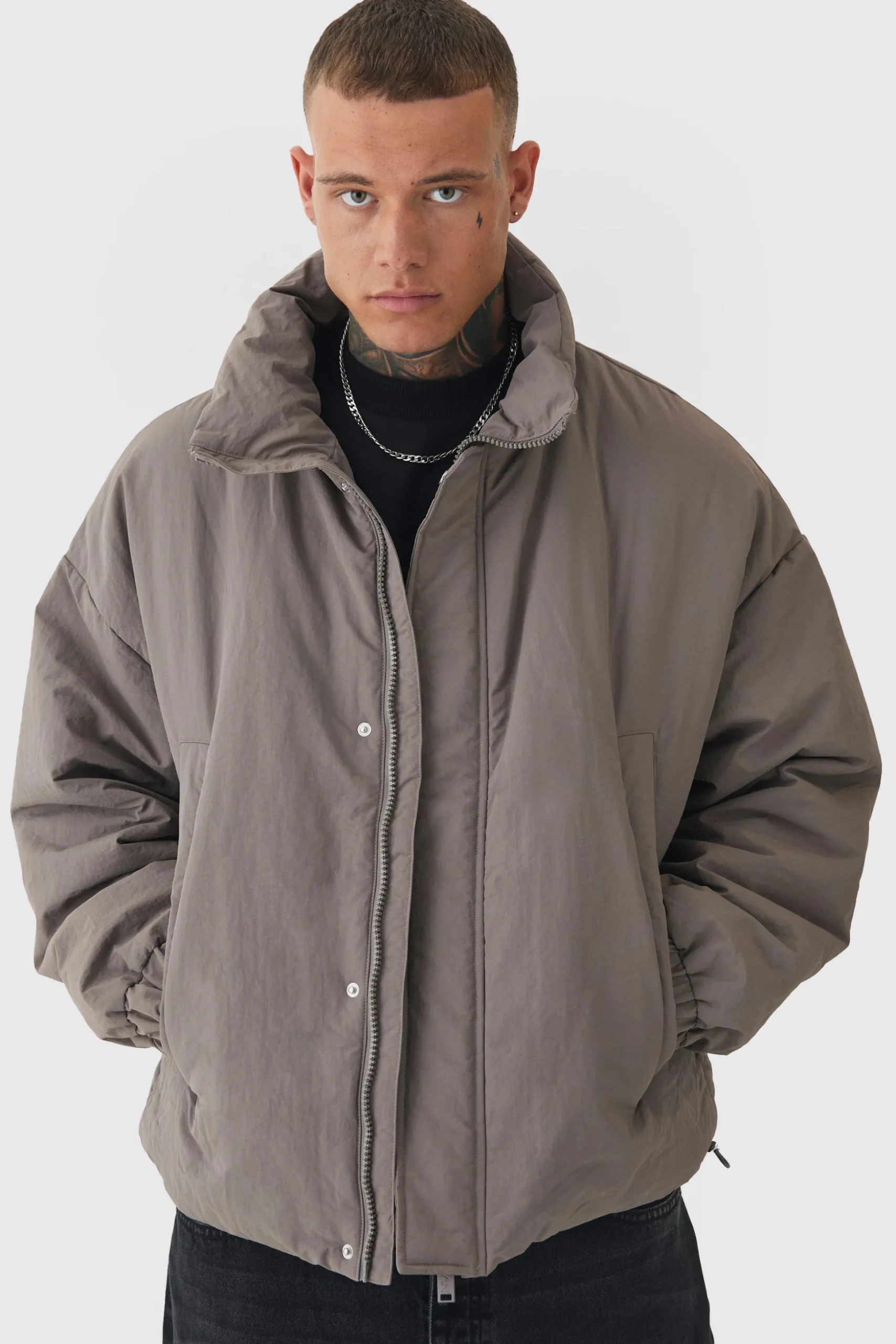 Tall Oversized Boxy Padded Funnel Neck Coat In Charcoal | BoohooMAN UK