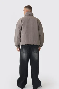Tall Oversized Boxy Padded Funnel Neck Coat In Charcoal | BoohooMAN UK