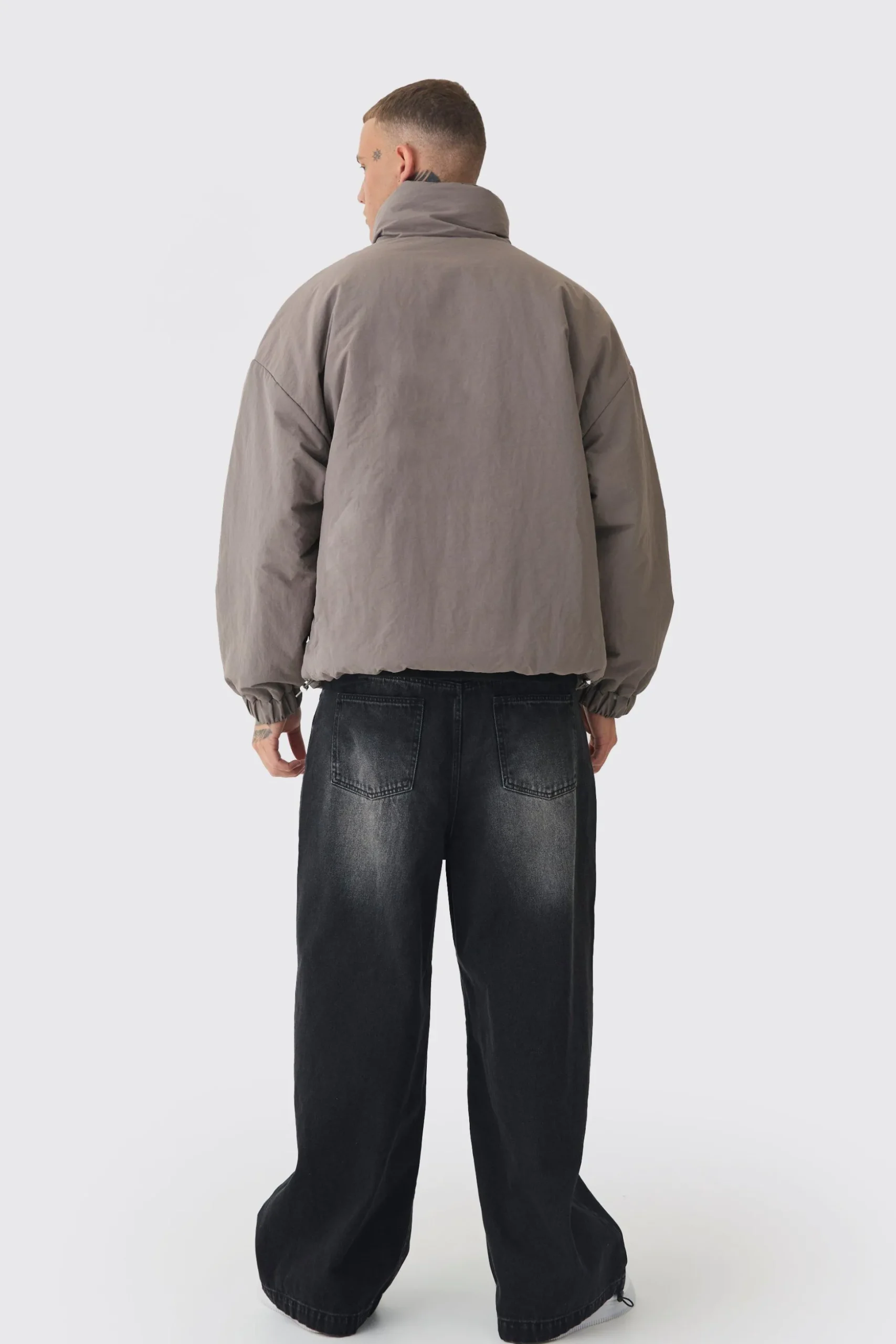 Tall Oversized Boxy Padded Funnel Neck Coat In Charcoal | BoohooMAN UK