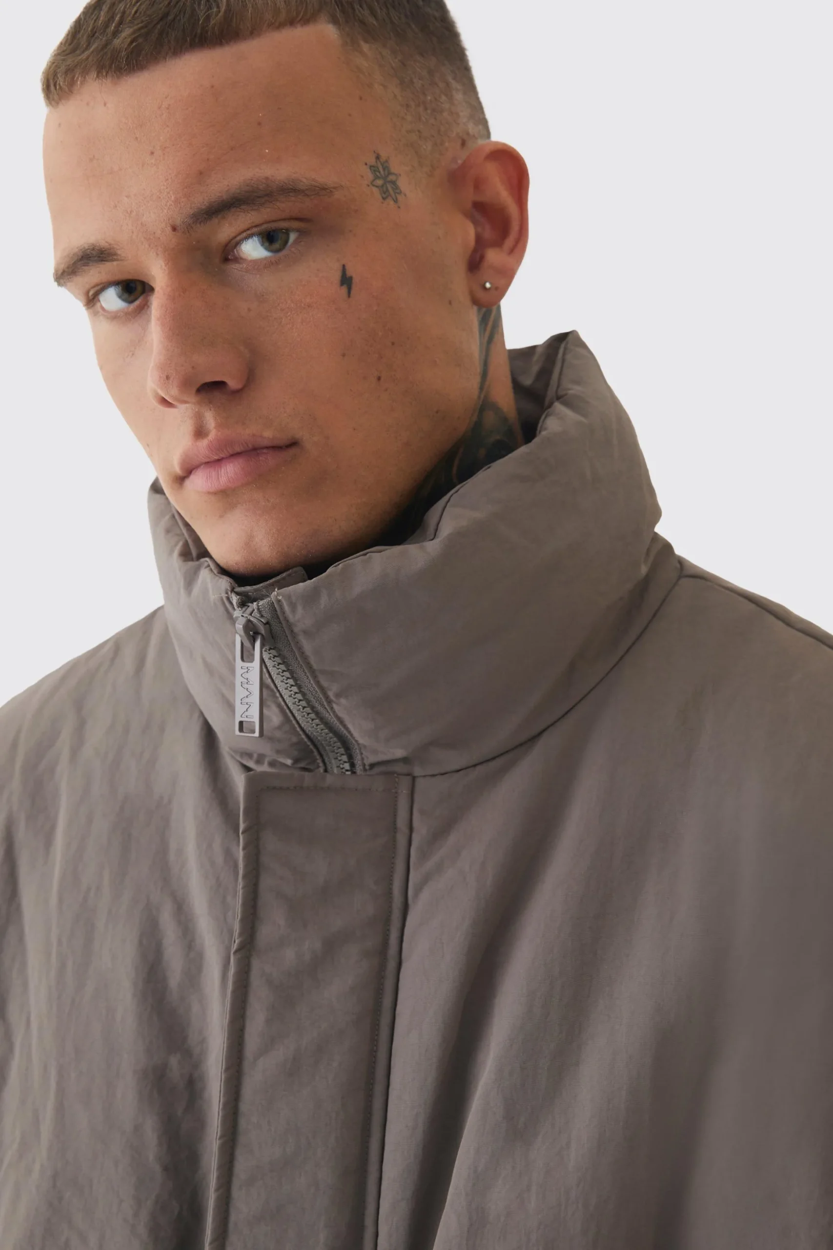 Tall Oversized Boxy Padded Funnel Neck Coat In Charcoal | BoohooMAN UK