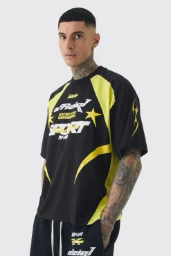 Tall Oversized Boxy Puff Print Moto Extended Neck T-shirt | BoohooMAN UK