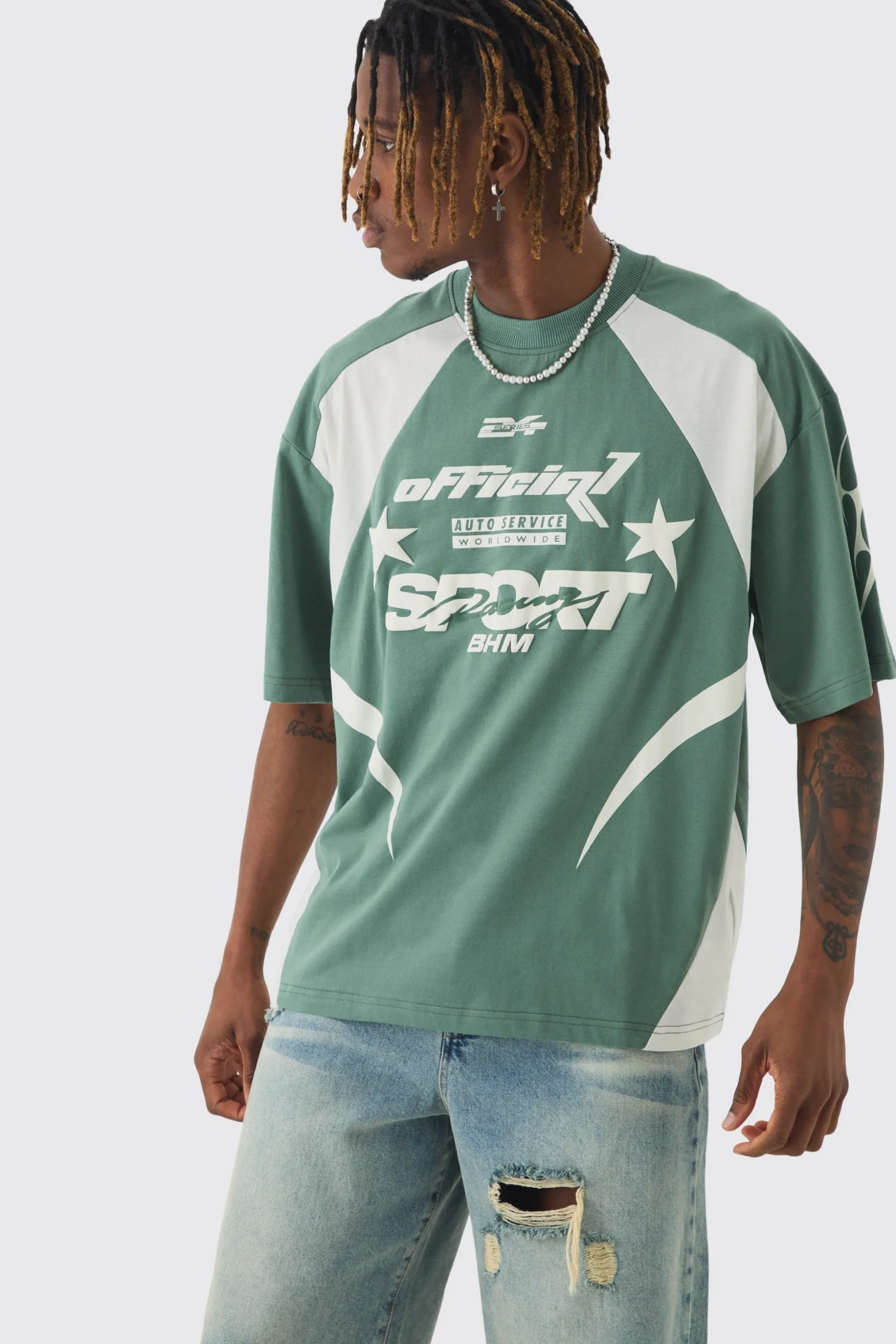 Tall Oversized Boxy Puff Print Moto Extended Neck T-shirt | BoohooMAN UK