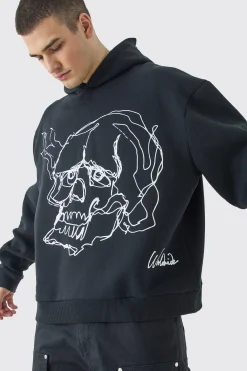 Tall Oversized Boxy Skull Line Drawing Hoodie | BoohooMAN UK