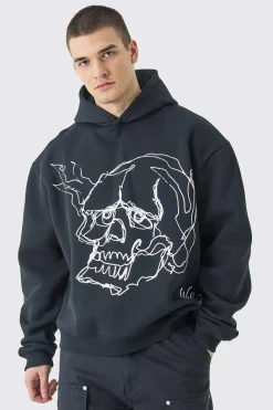 Tall Oversized Boxy Skull Line Drawing Hoodie | BoohooMAN UK