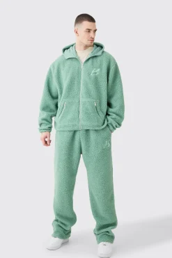 Tall Oversized Boxy Zip Through Borg Embroidered Hooded Tracksuit | BoohooMAN UK