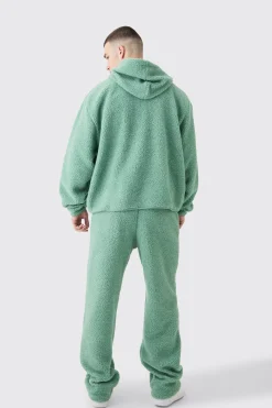 Tall Oversized Boxy Zip Through Borg Embroidered Hooded Tracksuit | BoohooMAN UK