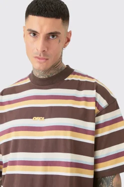 Tall Oversized Carded Heavy Striped Ofcl T-shirt | BoohooMAN UK