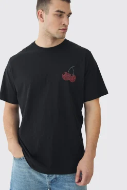 Tall Oversized Cherry Rhinestone Printed T-Shirt In Black | BoohooMAN UK