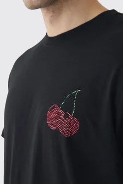 Tall Oversized Cherry Rhinestone Printed T-Shirt In Black | BoohooMAN UK