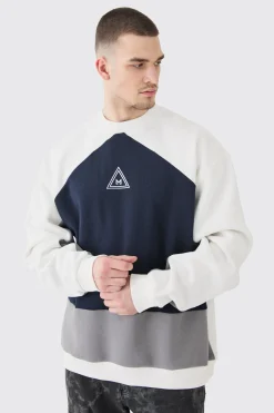 Tall Oversized Colour Block Branded Sweatshirt In Navy | BoohooMAN UK