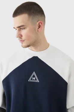 Tall Oversized Colour Block Branded Sweatshirt In Navy | BoohooMAN UK
