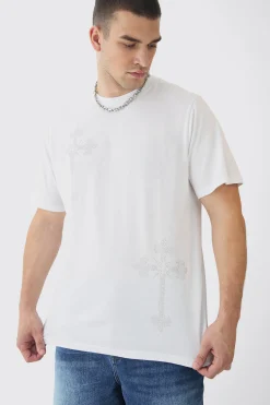 Tall Oversized Cross Rhinestone Printed T-Shirt In White | BoohooMAN UK