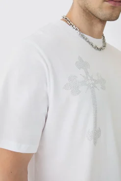 Tall Oversized Cross Rhinestone Printed T-Shirt In White | BoohooMAN UK