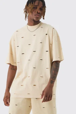 Tall Oversized Distressed Overydye T-shirt & Short Set | BoohooMAN UK