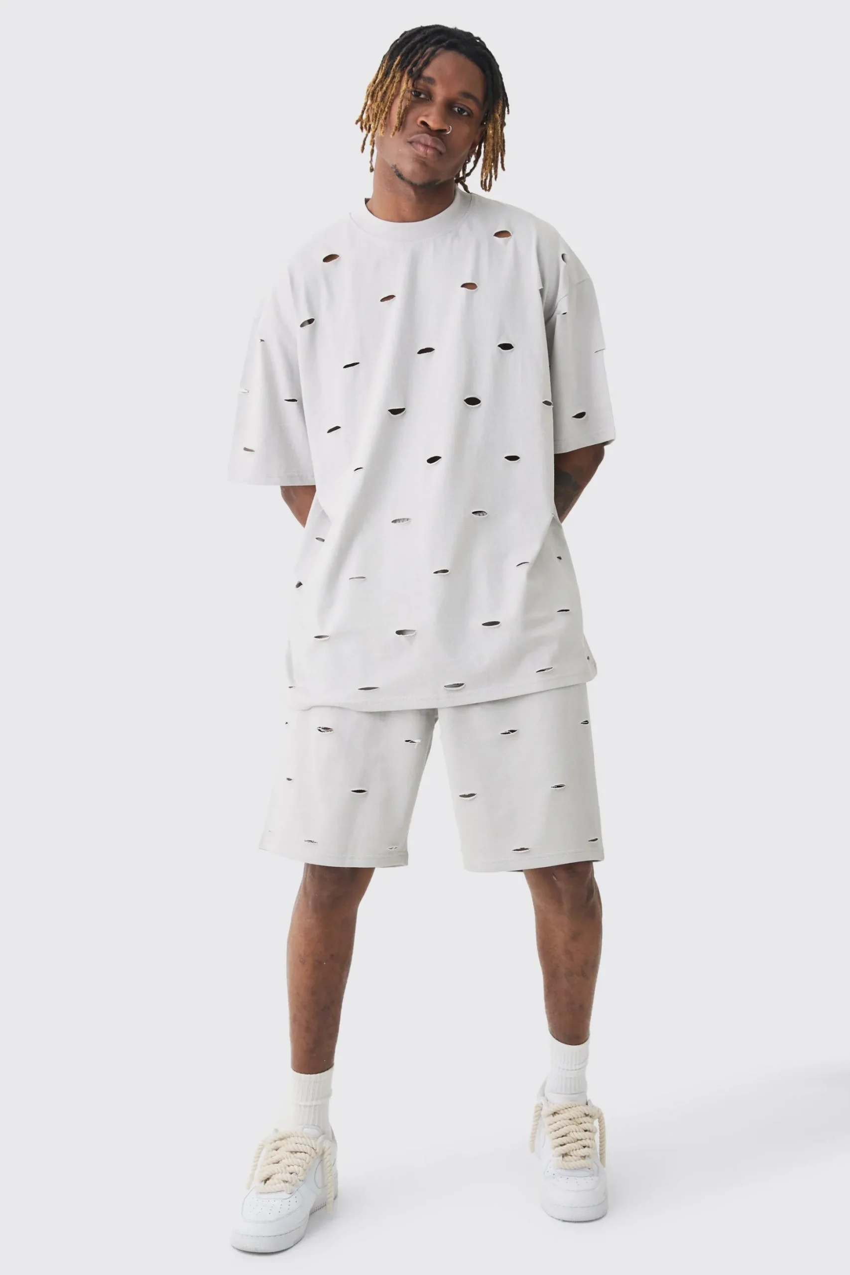 Tall Oversized Distressed Overdye T-shirt & Short Set | BoohooMAN UK