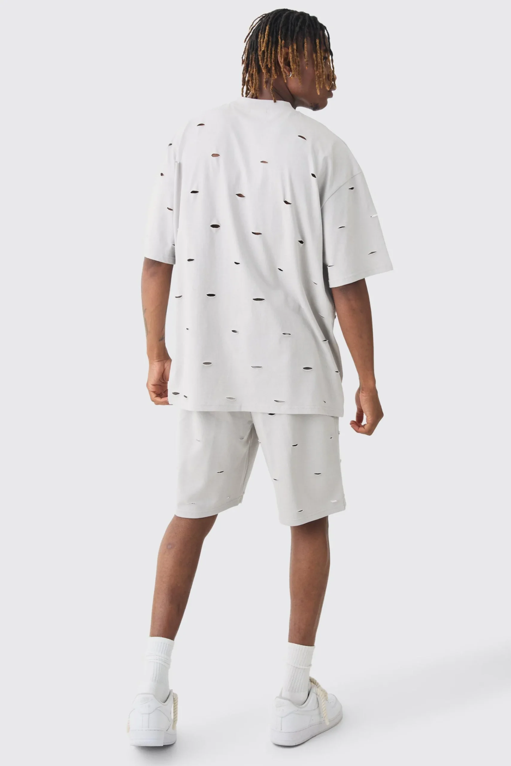 Tall Oversized Distressed Overdye T-shirt & Short Set | BoohooMAN UK