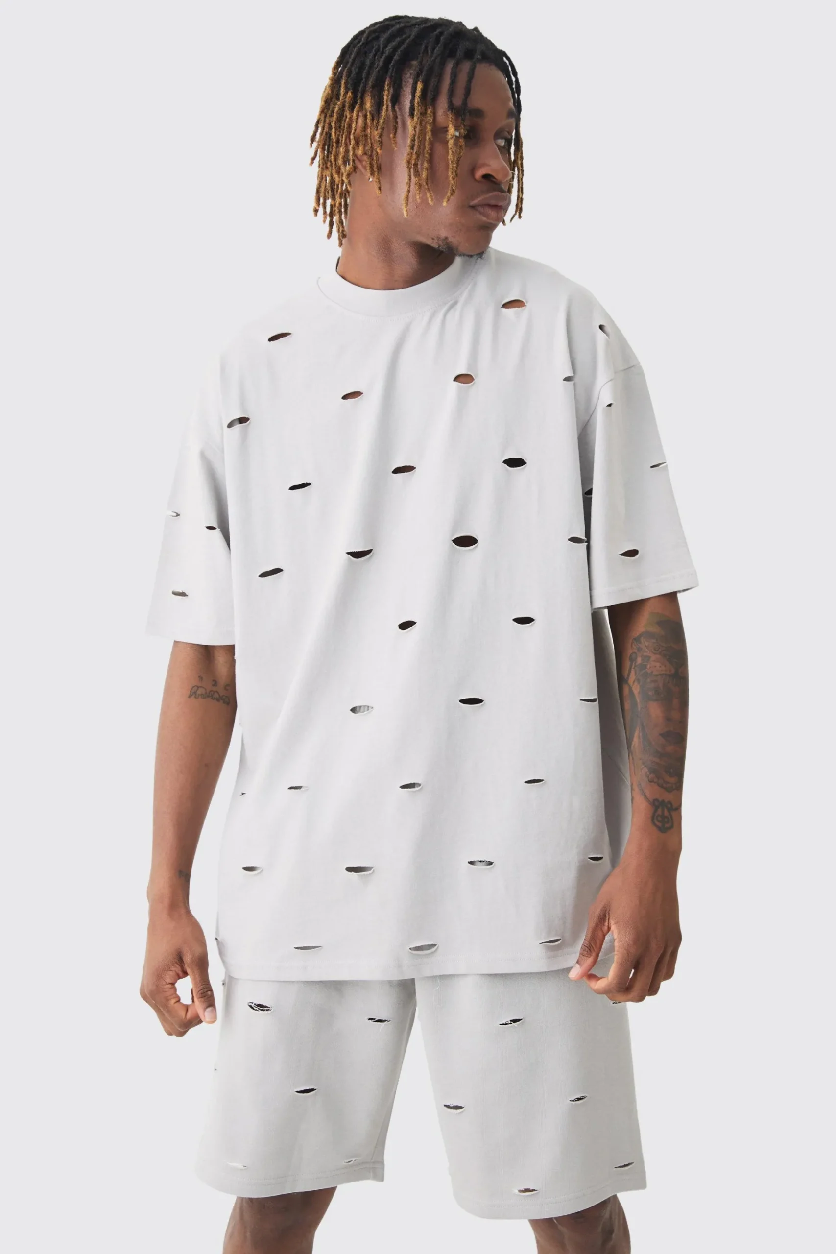 Tall Oversized Distressed Overdye T-shirt & Short Set | BoohooMAN UK