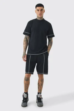Tall Oversized Extended Contrast Sticth T-shirt & Short Set | BoohooMAN UK