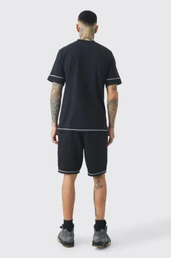 Tall Oversized Extended Contrast Sticth T-shirt & Short Set | BoohooMAN UK
