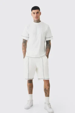 Tall Oversized Extended Contrast Stitch T-shirt & Short Set | BoohooMAN UK