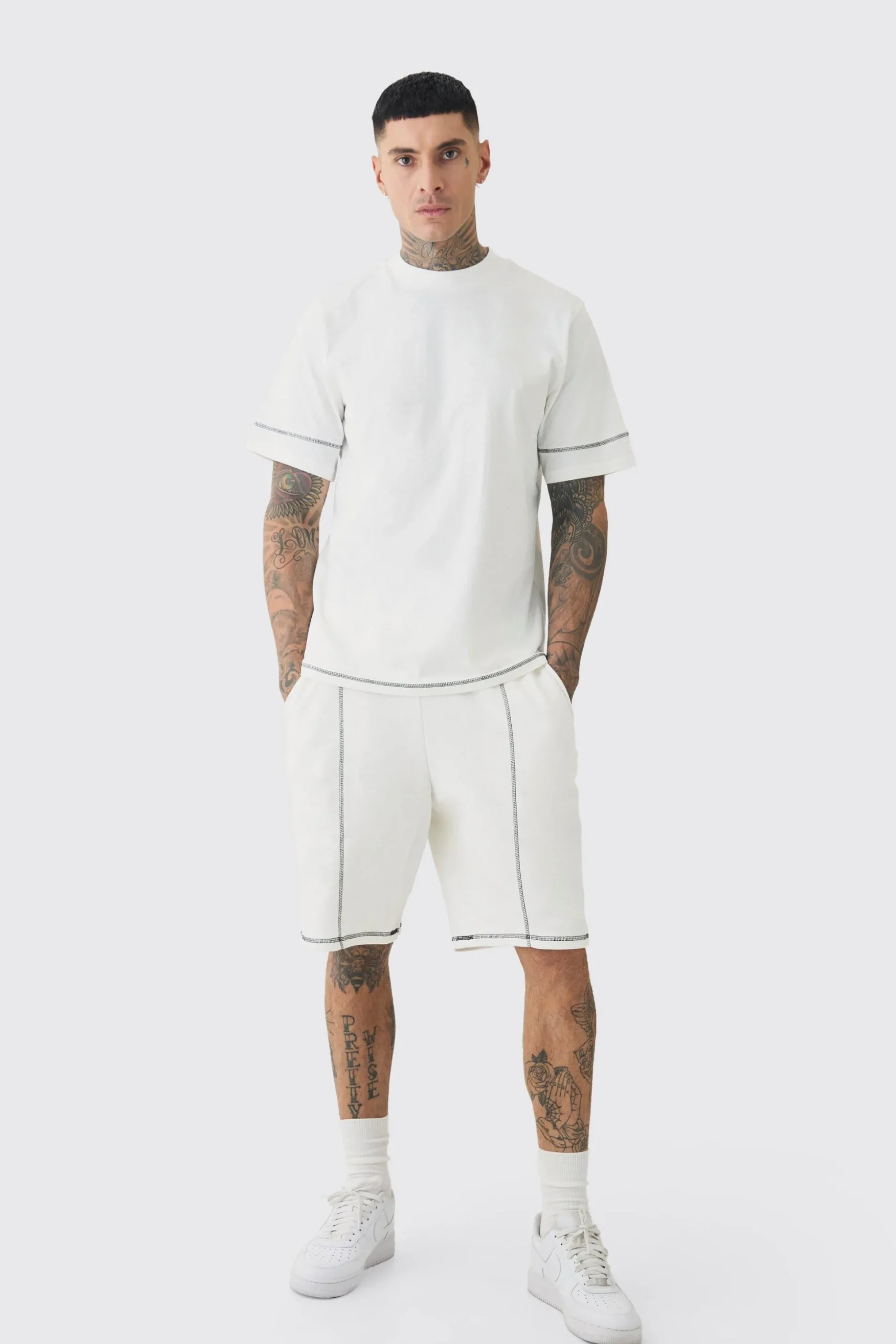 Tall Oversized Extended Contrast Stitch T-shirt & Short Set | BoohooMAN UK