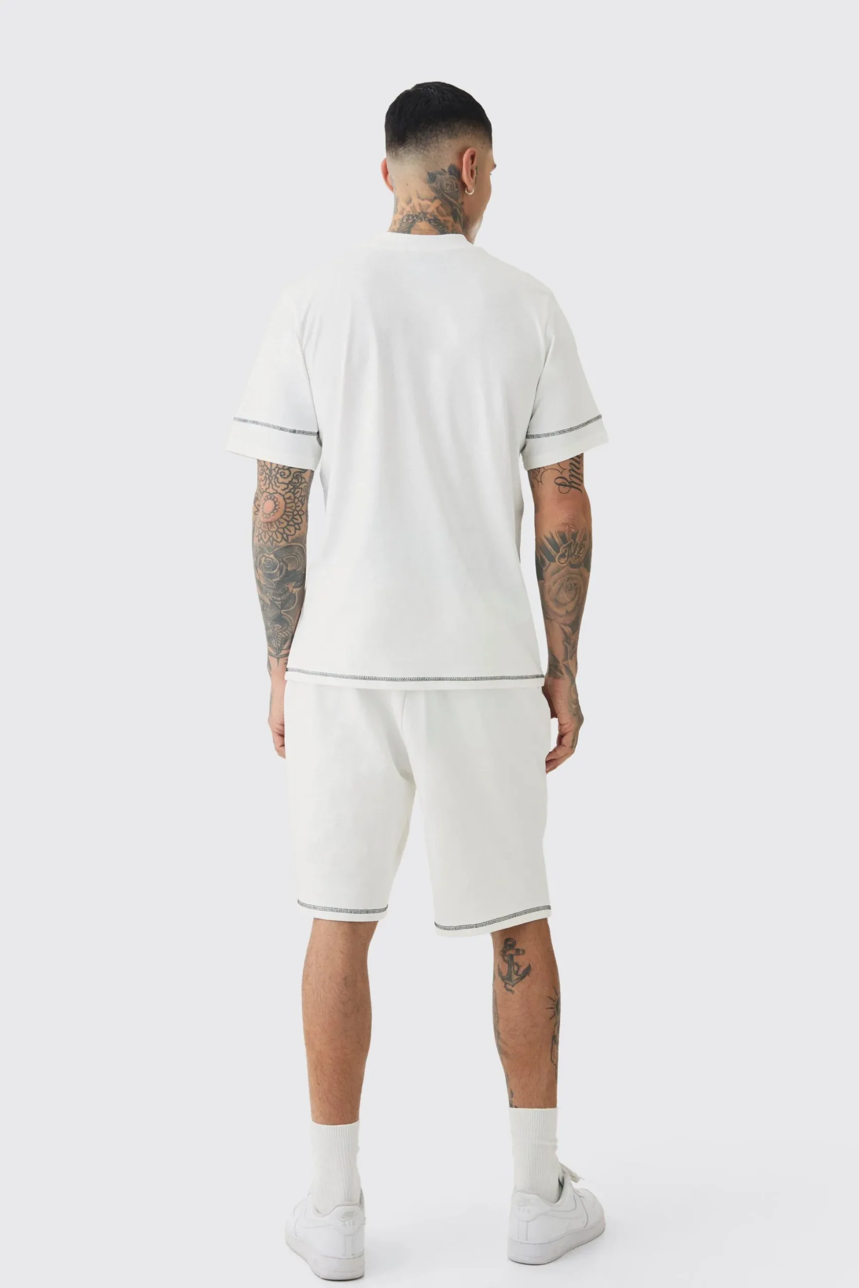Tall Oversized Extended Contrast Stitch T-shirt & Short Set | BoohooMAN UK