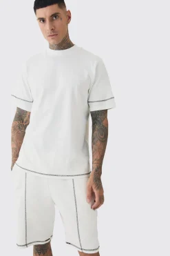 Tall Oversized Extended Contrast Stitch T-shirt & Short Set | BoohooMAN UK