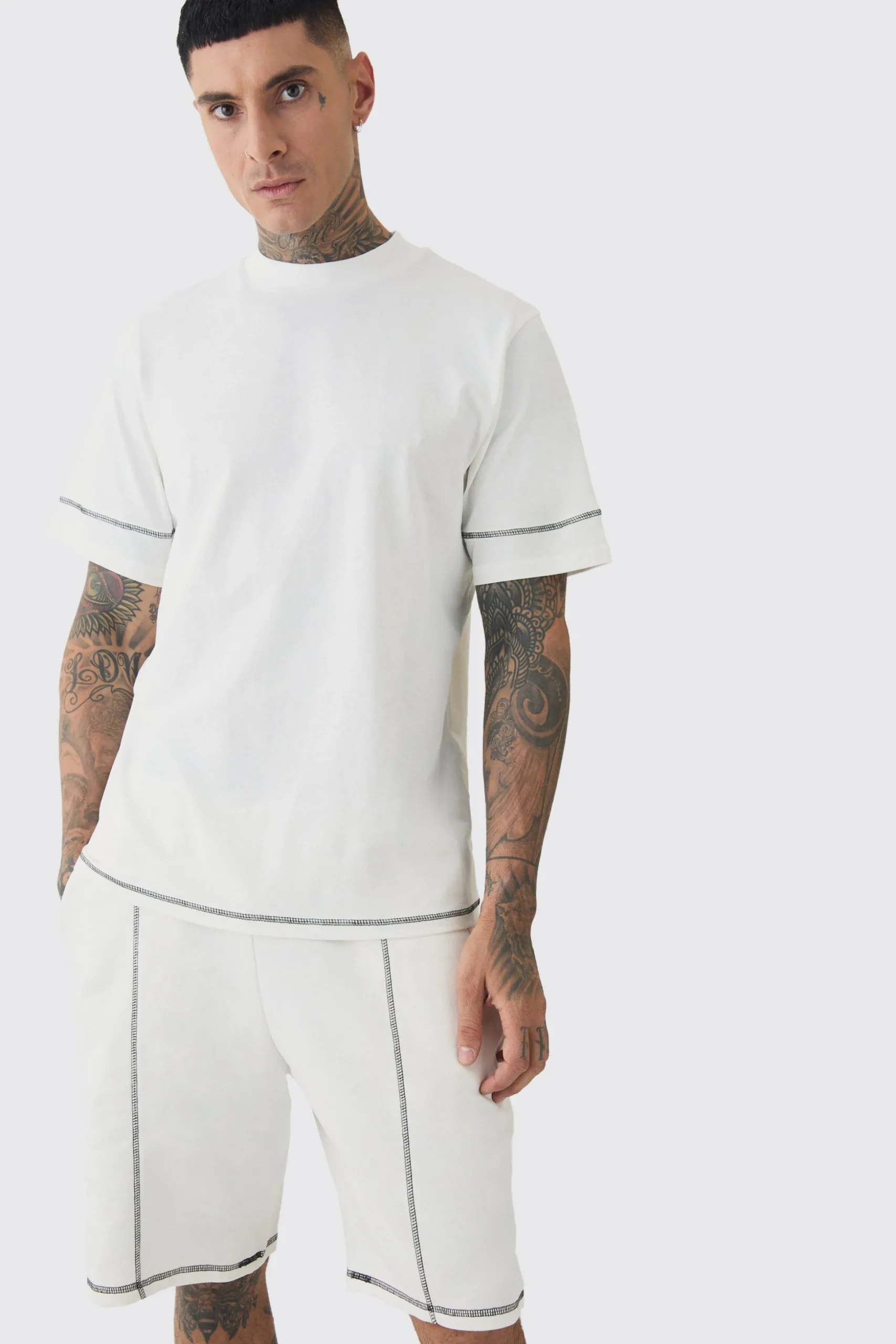 Tall Oversized Extended Contrast Stitch T-shirt & Short Set | BoohooMAN UK