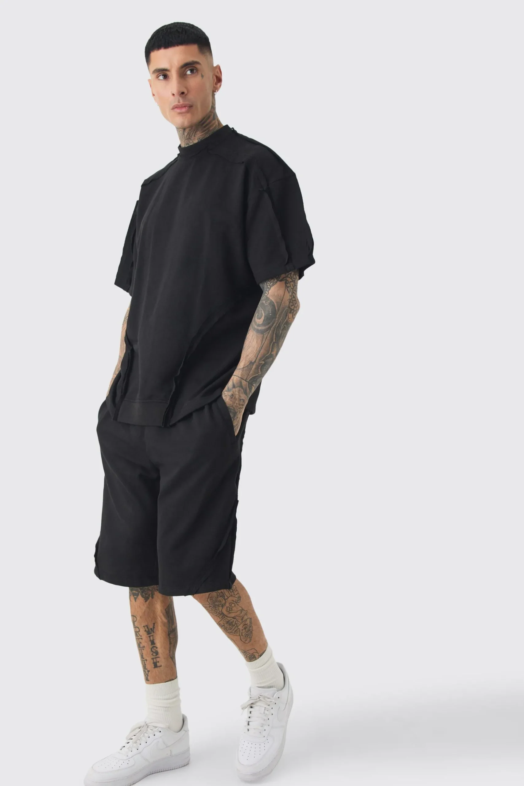 Tall Oversized Extended Neck Exposed Seam T-shirt & Short Set | BoohooMAN UK