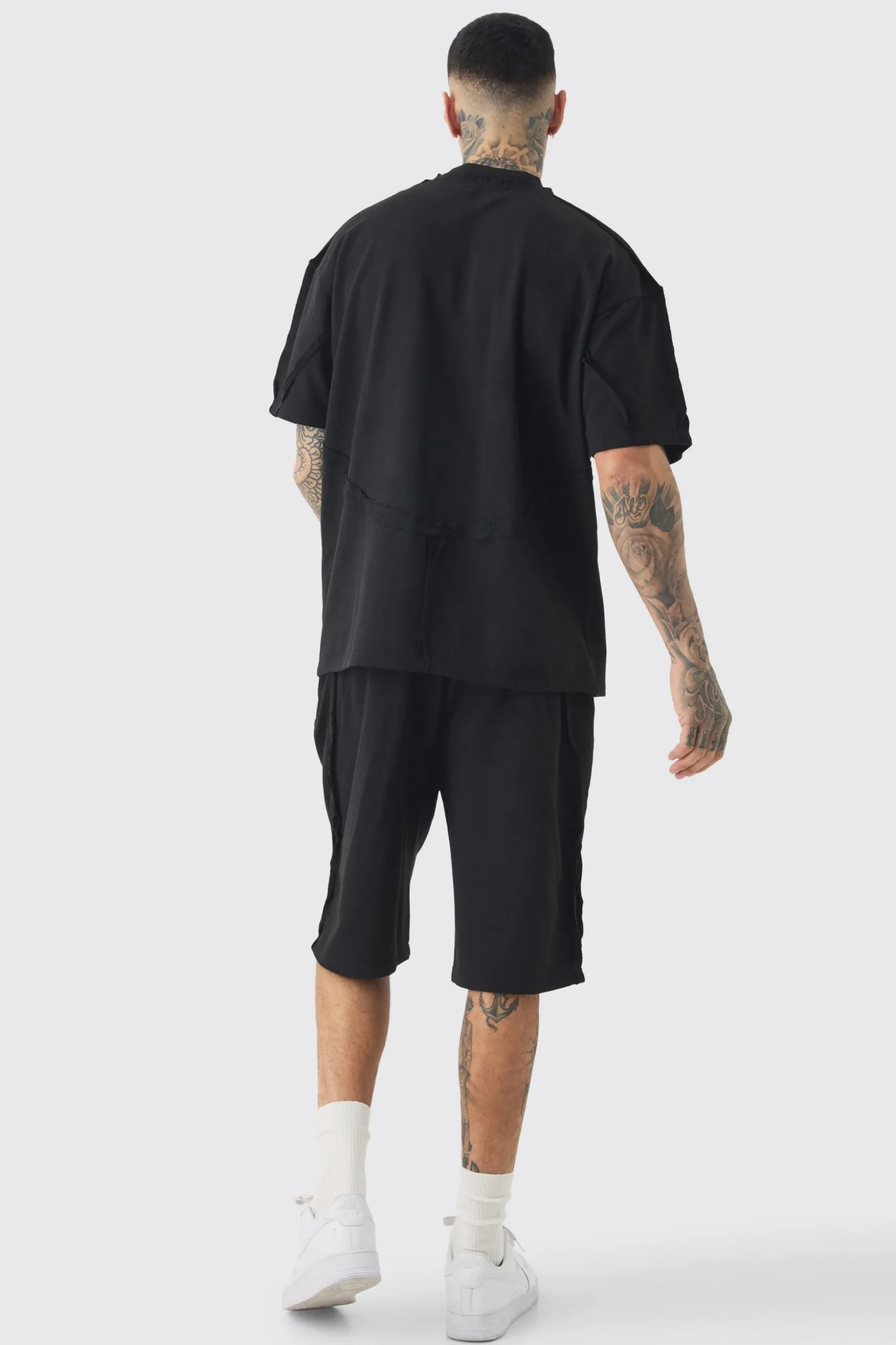 Tall Oversized Extended Neck Exposed Seam T-shirt & Short Set | BoohooMAN UK