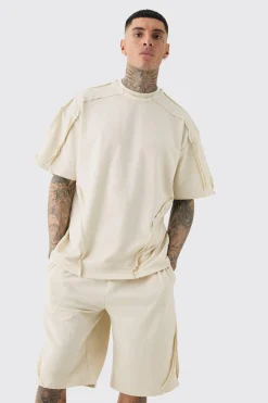Tall Oversized Extended Neck Distressed Seam T-shirt & Short Set | BoohooMAN UK
