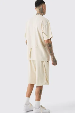 Tall Oversized Extended Neck Distressed Seam T-shirt & Short Set | BoohooMAN UK