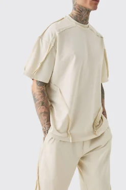 Tall Oversized Extended Neck Distressed Seam T-shirt & Short Set | BoohooMAN UK