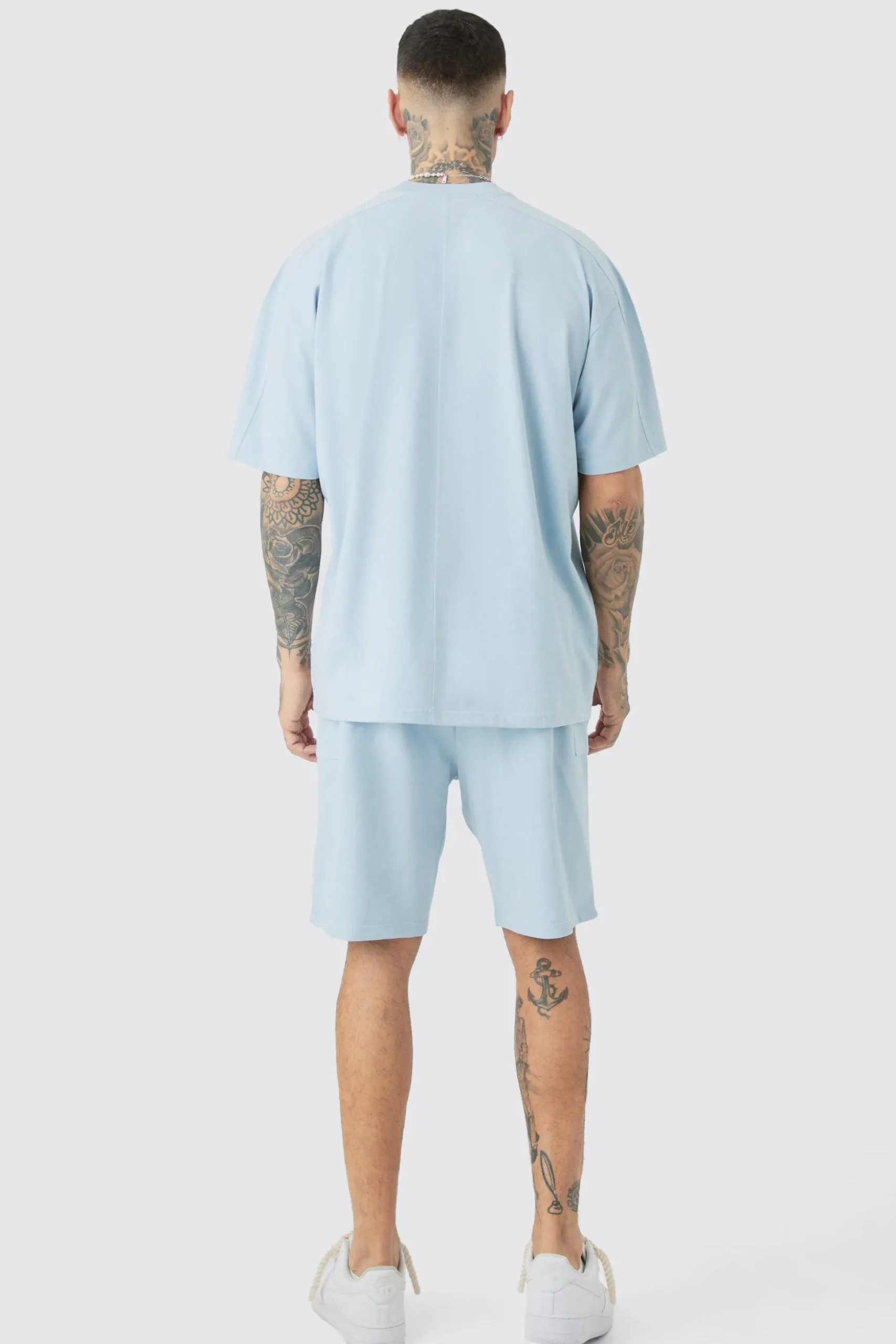 Tall Oversized Extended Neck Panel T-shirt & Cargo Short Set | BoohooMAN UK