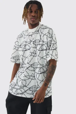 Tall Oversized Extended Neck Barbed Wire Graphic T-shirt | BoohooMAN UK
